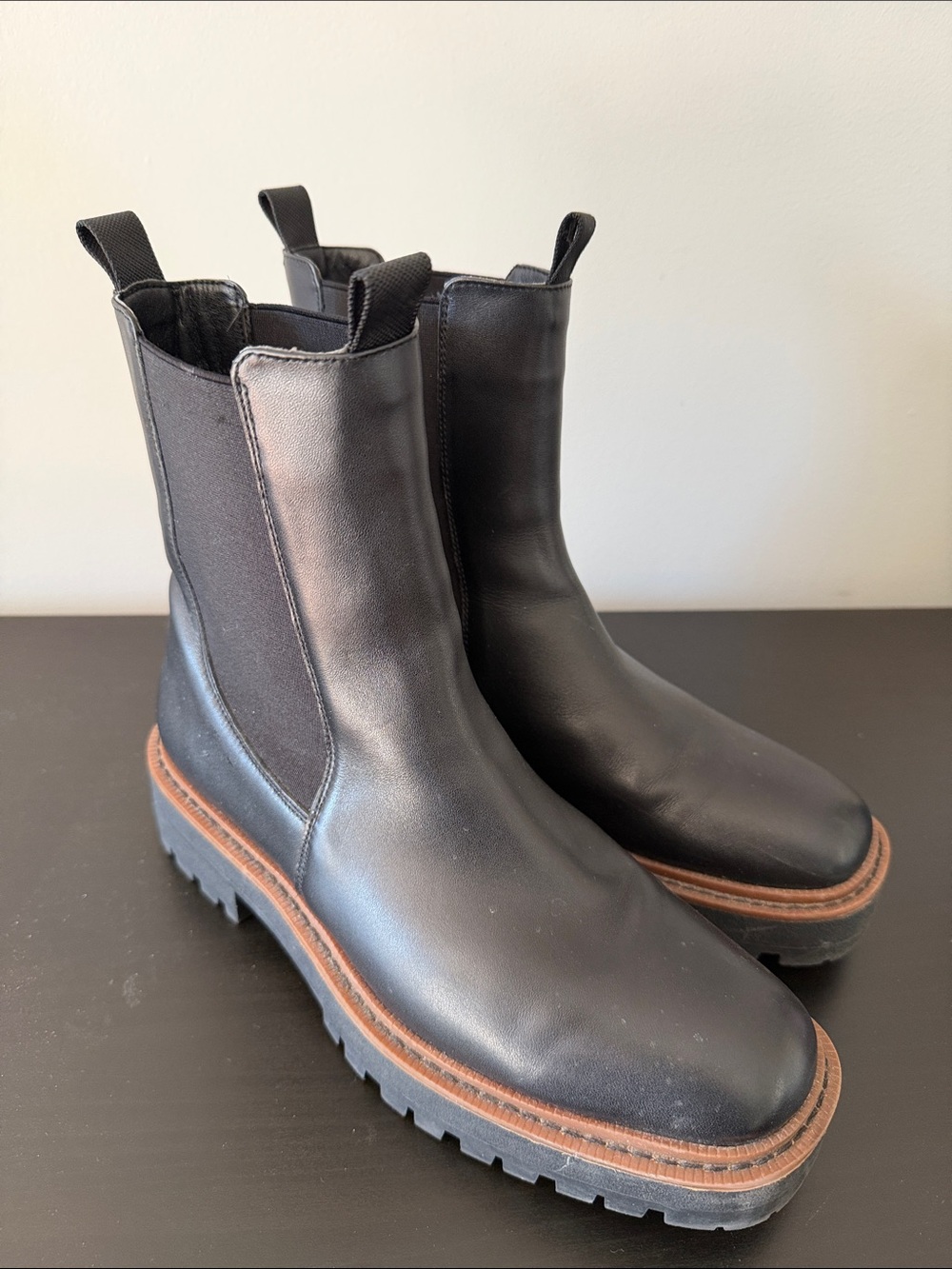 Steve Madden Black Leather Chelsea Lug Booties with Brown Welt